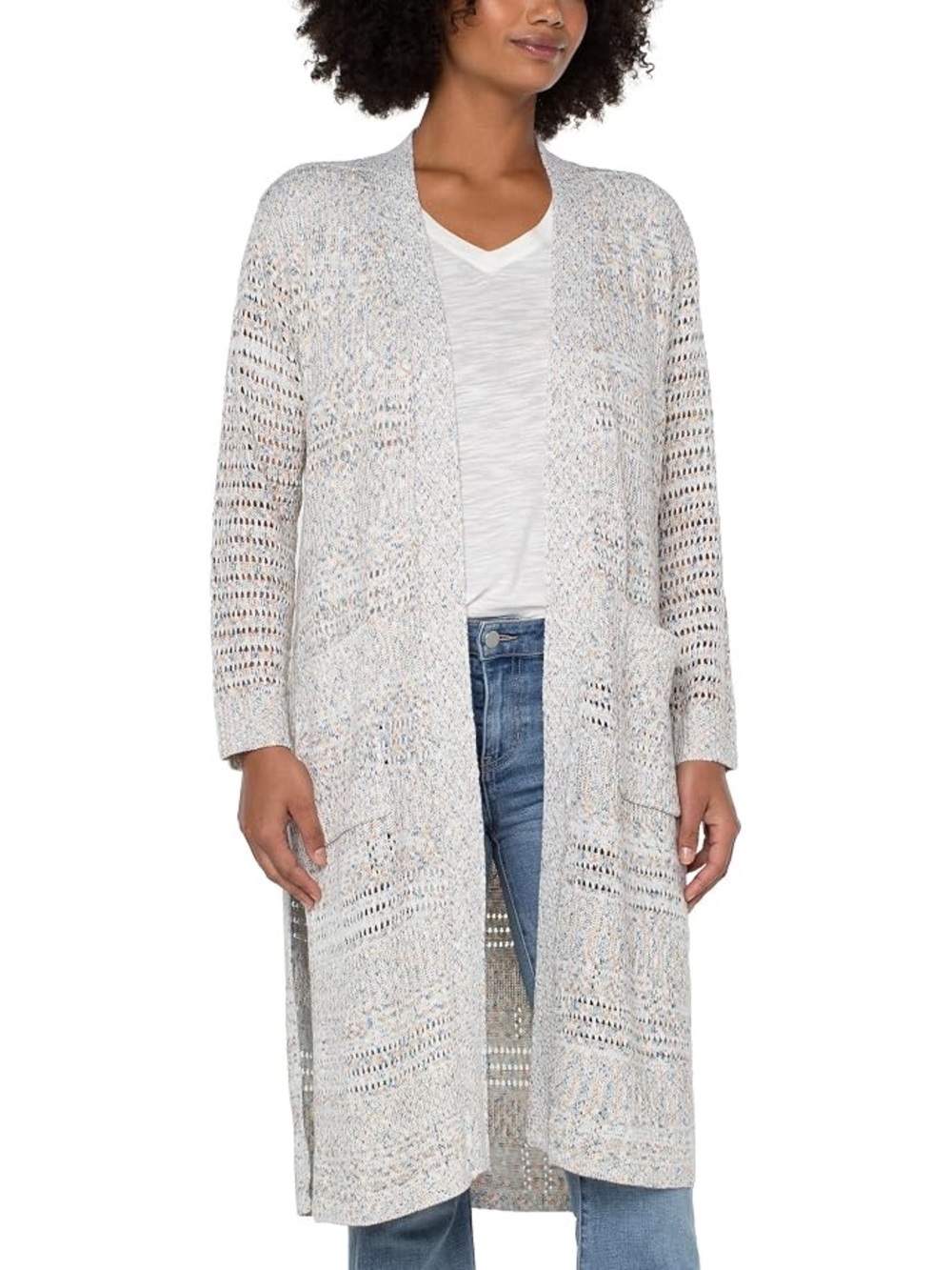 Liverpool Open Knit Long Cardigan with Side Slits & Pockets